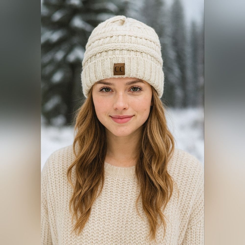 CC Beanie Chunky Knit Warm Cozy Toboggan Cream Colored Beige